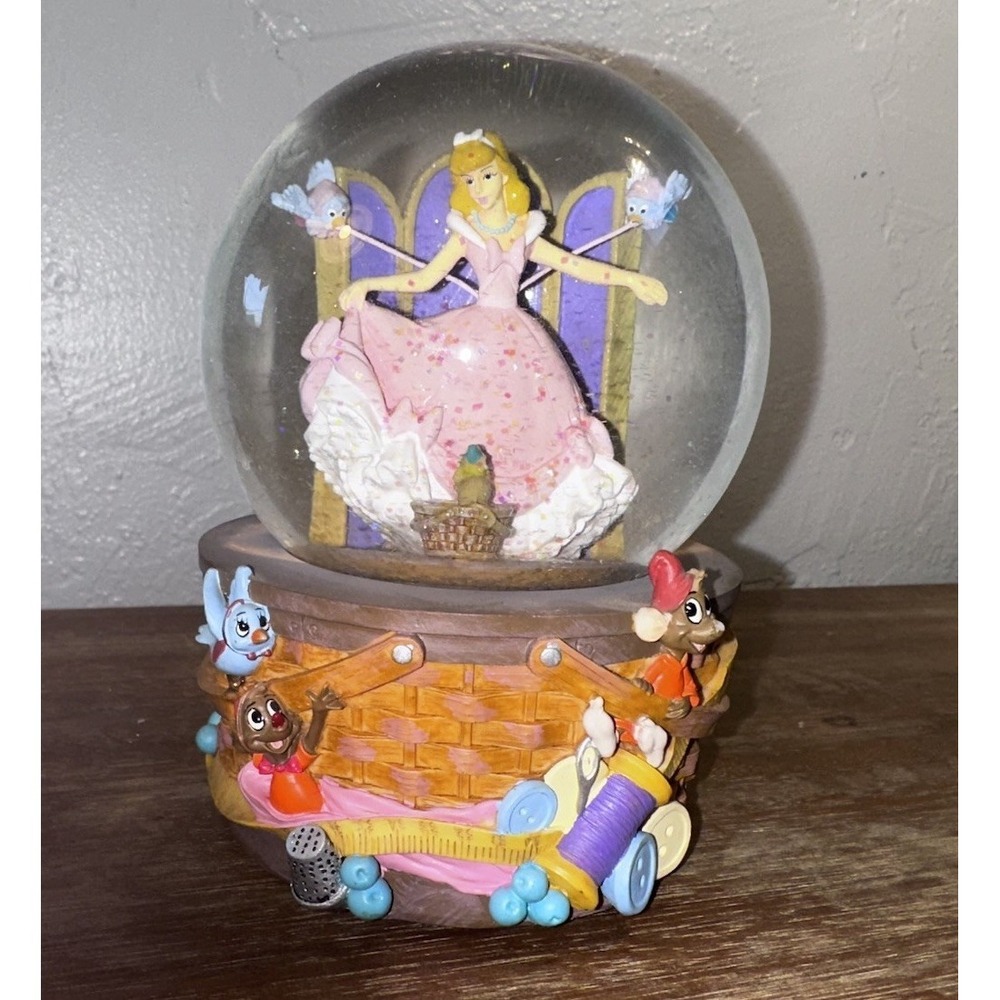 Vintage Disney Enesco Cinderella Musical Snow Globe With Sewing Basket Base